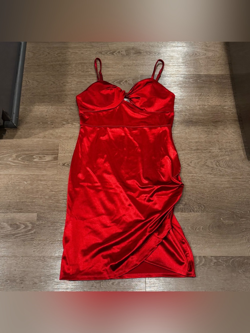Satin Red Midi Slip Dress with Adjustable Spaghetti Straps